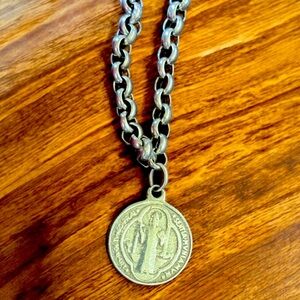 950 Silver Religious Saint Benedict Medal Medallion Chain Bracelet, 7.5 inches